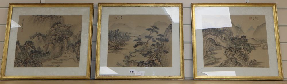 Chinese School, three watercolours on silk, Landscapes, signed, 30 x 36cm